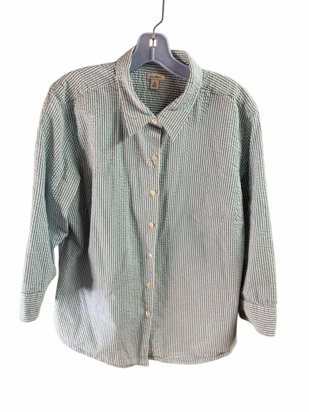 L.L. Bean XL Seersucker Stripe Button Front Shirt Coastal Preppy Long Sleeve